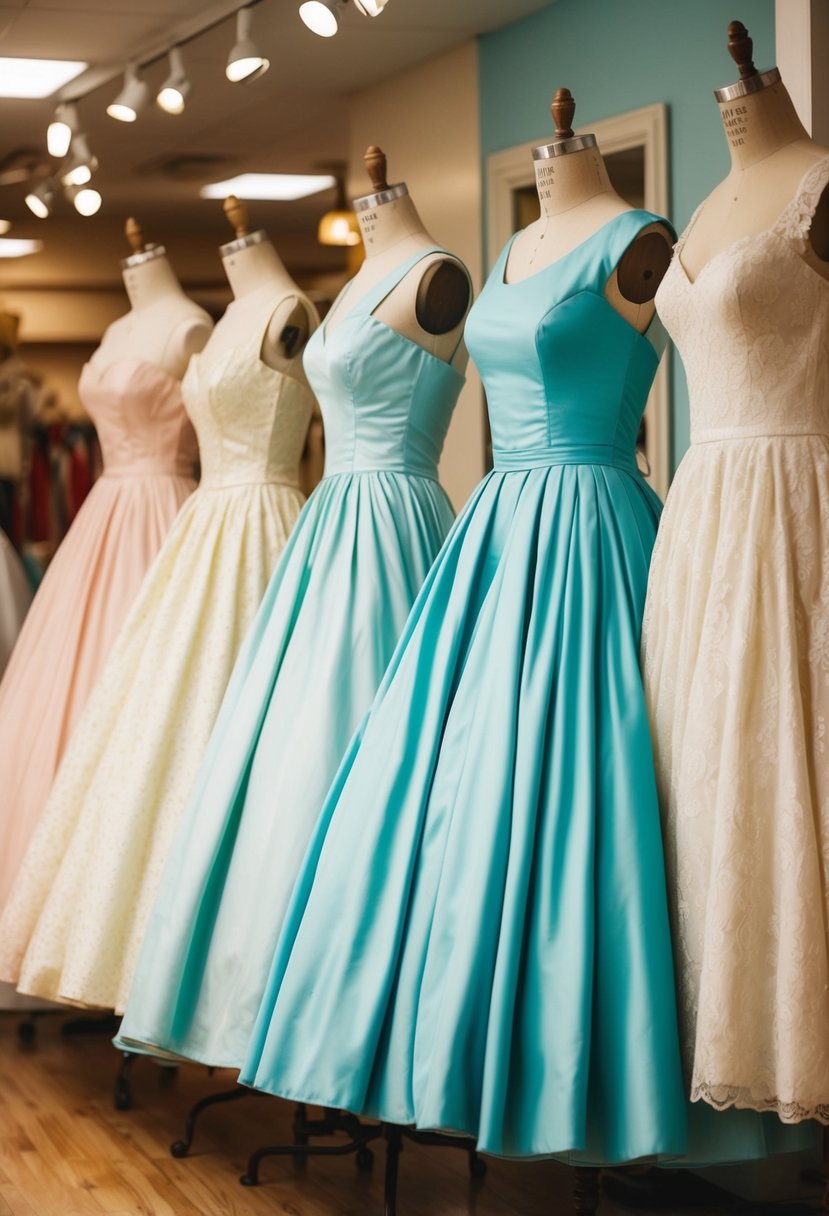 A group of 1950s tea length dresses displayed in a vintage wedding dress shop