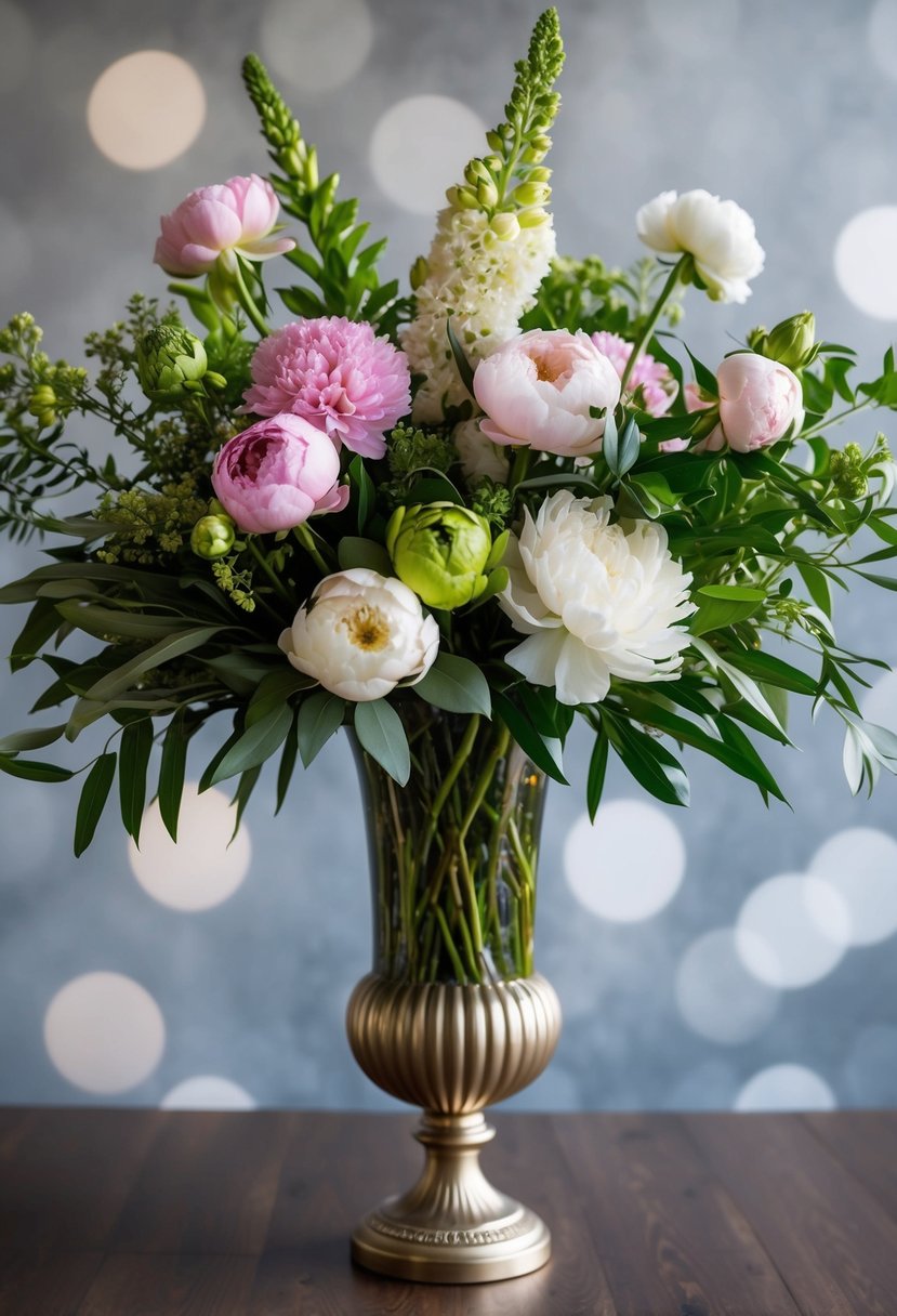 A lush bouquet of lisianthus, peonies, and greenery arranged in a tall, elegant vase