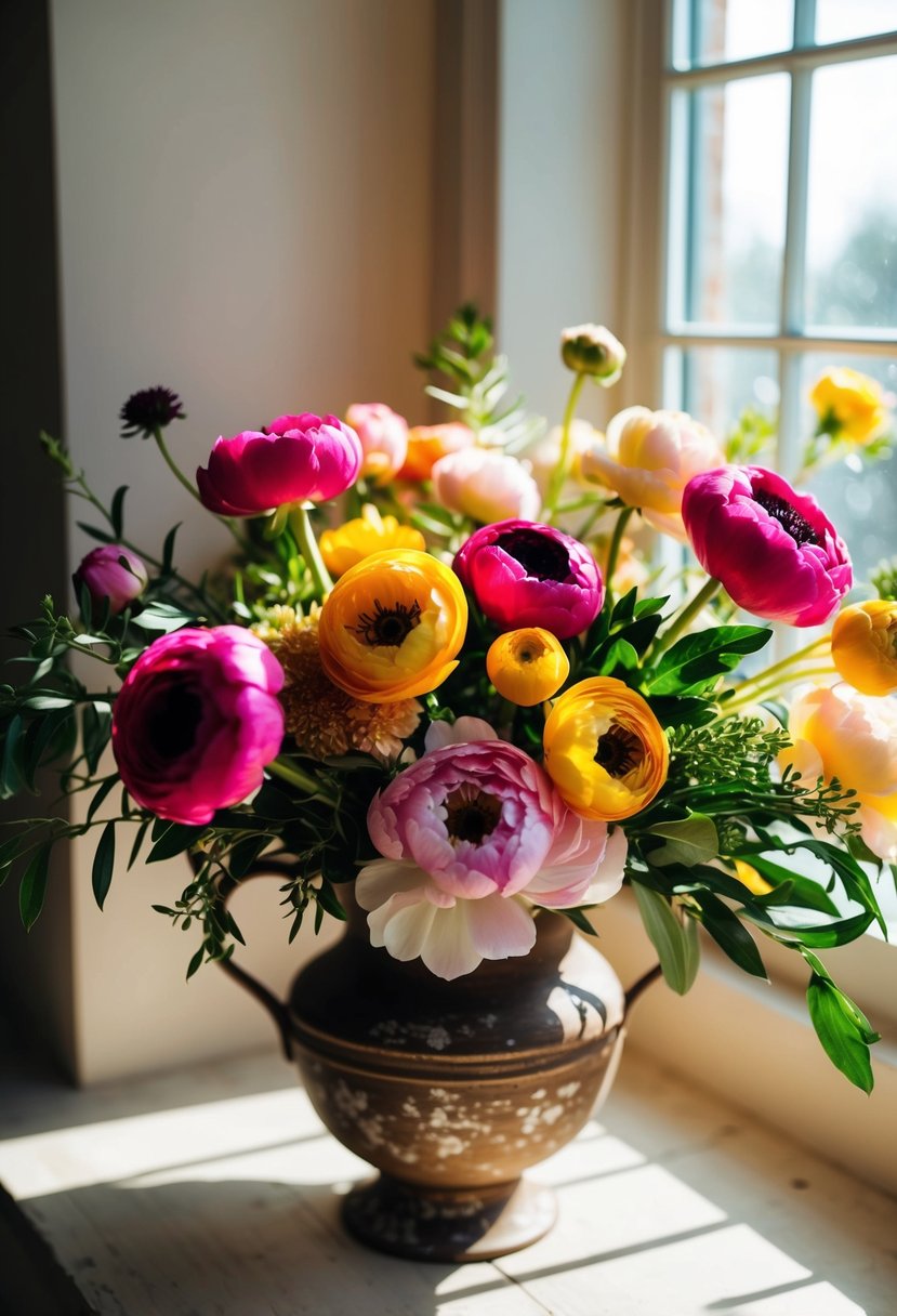 A vibrant bouquet of ranunculus, peonies, and greenery arranged in a rustic, vintage-inspired vase. Sunshine streams through a nearby window, casting a warm glow on the flowers