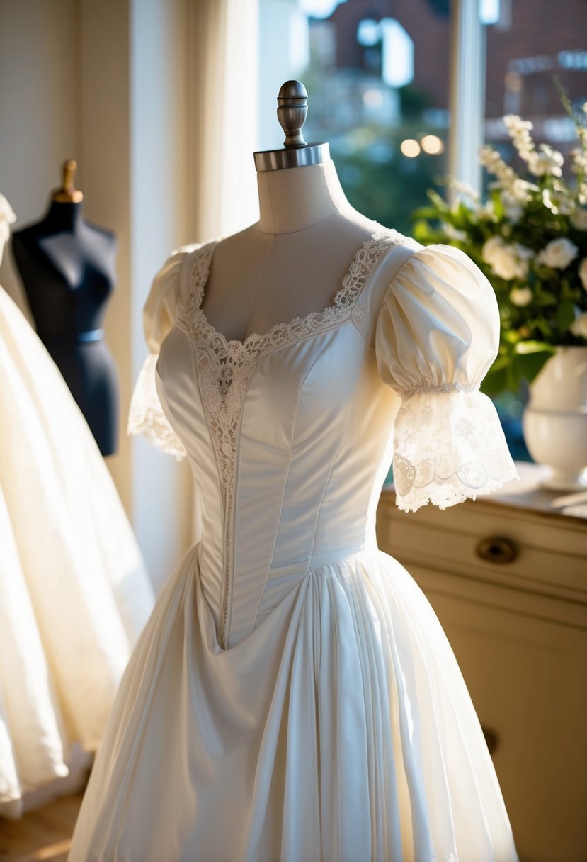 A vintage wedding dress with Renaissance puff sleeves, lace details, and a fitted bodice displayed on a mannequin in a sunlit boutique