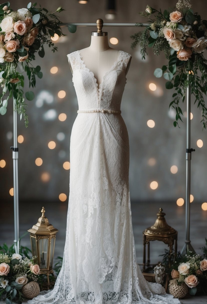 A lace-draped vintage wedding dress on a mannequin, surrounded by antique accessories and floral arrangements