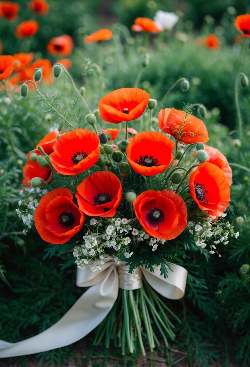 A lush bouquet of vibrant red poppies, nestled among delicate greenery and small white flowers, tied with a flowing ribbon