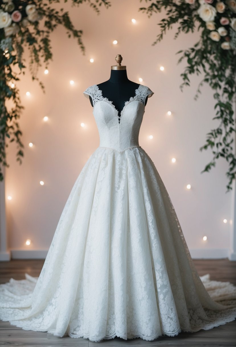 A vintage lace wedding dress with a full skirt and elegant detailing, set against a backdrop of soft, romantic lighting and delicate floral accents