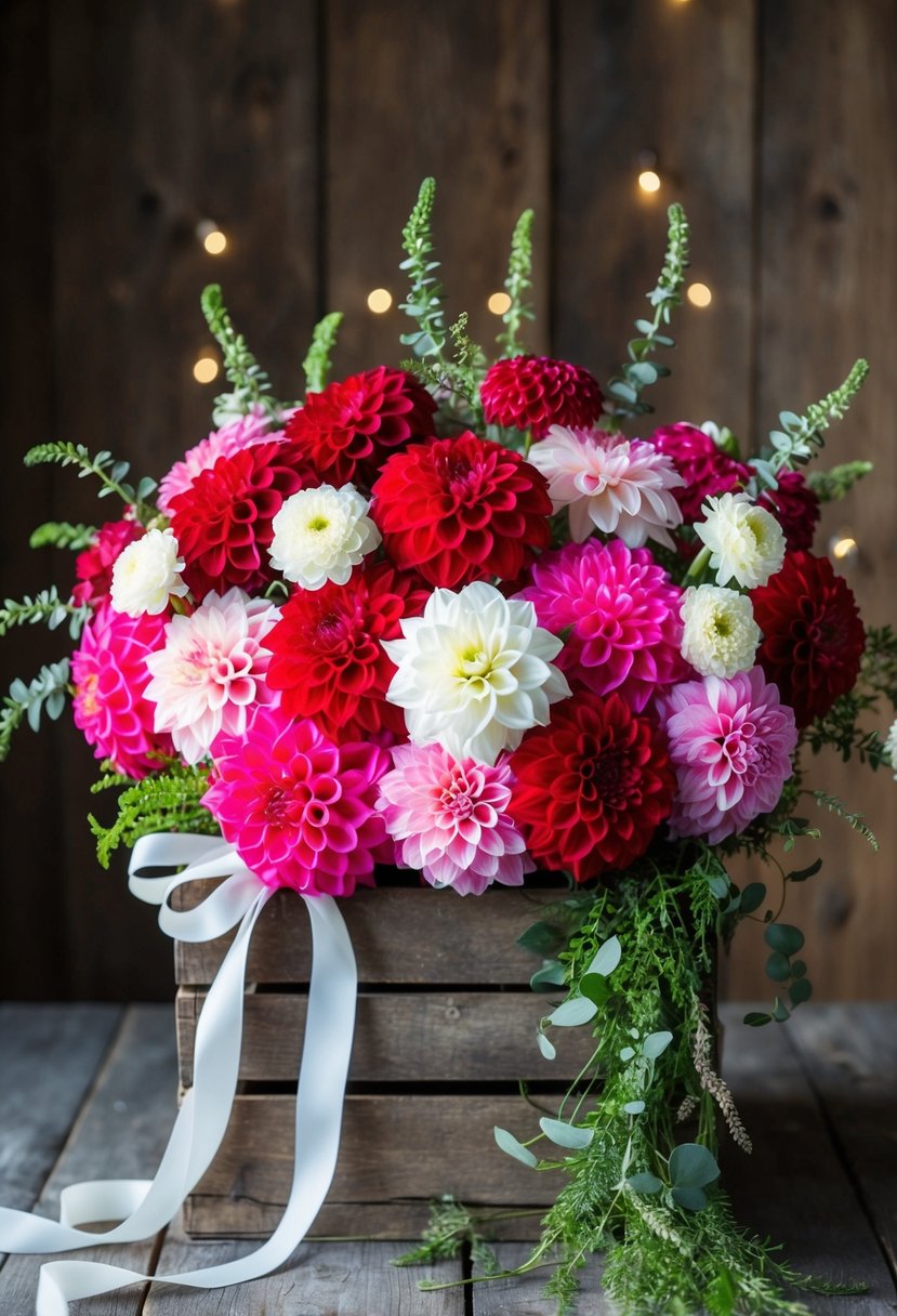 A vibrant bouquet of pink, red, and white dahlias arranged in a rustic, wooden crate with trailing greenery and delicate ribbon accents