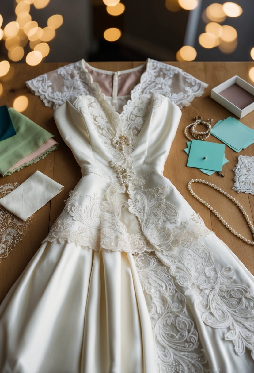 A vintage 90s wedding dress is being transformed into a stylish upcycled piece, with fabric swatches, lace, and beads laid out for redesign