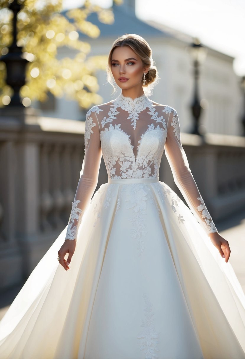 A lace-trimmed, A-line wedding dress with a high neckline and long sleeves, adorned with delicate floral appliques and a flowing train