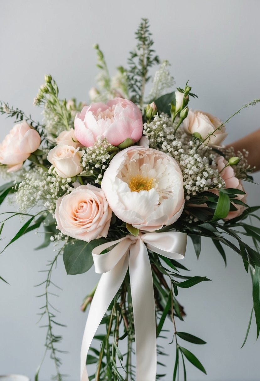 A delicate arrangement of peonies, roses, and baby's breath in a pastel color palette, accented with trailing greenery and tied with a satin ribbon