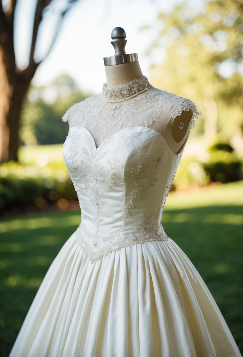 A vintage wedding dress with a classic 60s silhouette, featuring a high neckline, a fitted bodice, and a full skirt, adorned with lace and intricate beading