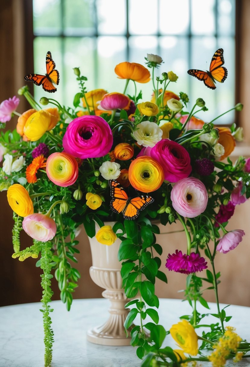 A lush bouquet of vibrant butterfly ranunculus and blissful June flowers cascading from a delicate vase