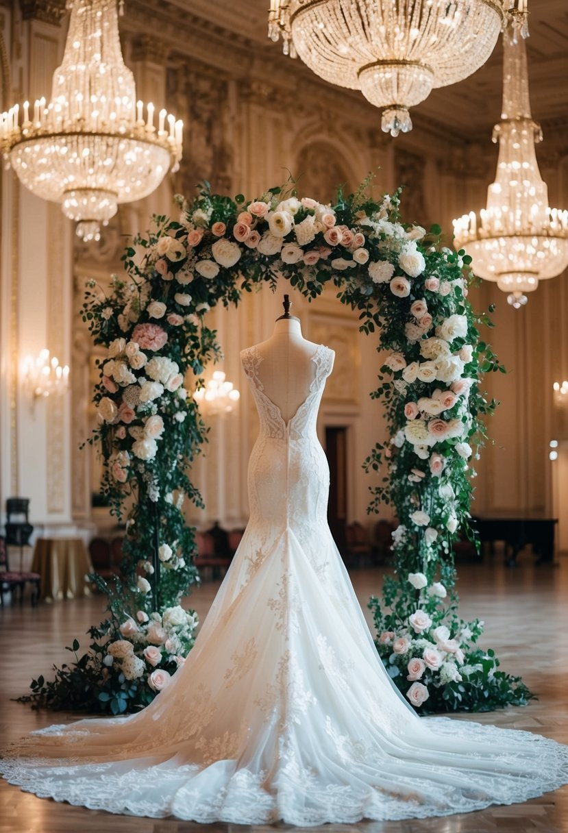 A grand ballroom with ornate chandeliers and opulent floral arrangements. A vintage wedding dress with intricate lace and flowing silhouette on a mannequin