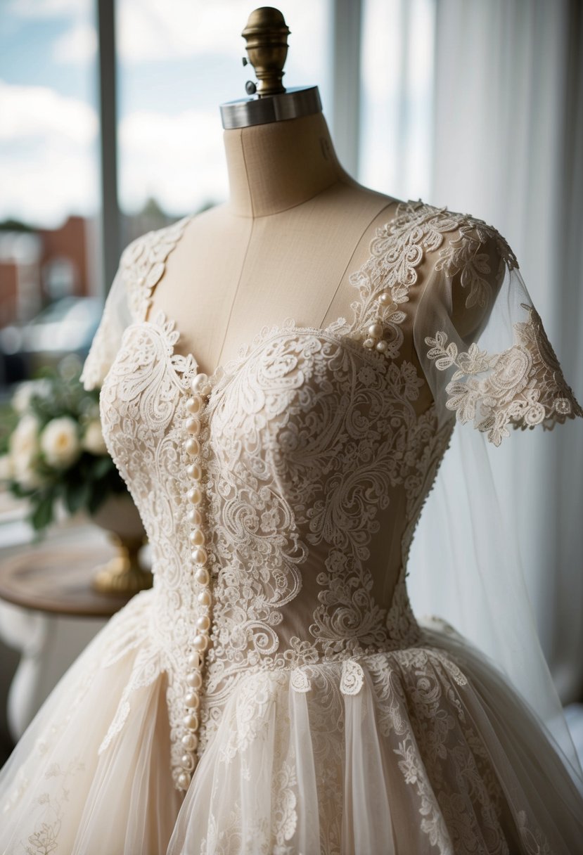 An ornate lace wedding gown draped over a vintage mannequin. Pearl buttons and delicate embroidery adorn the bodice, while layers of tulle cascade to the floor