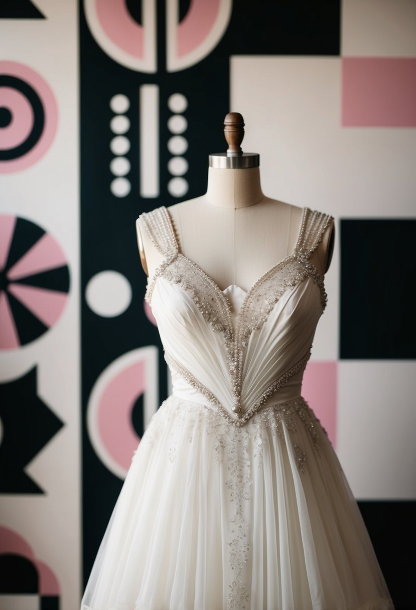 A vintage wedding dress with 1940s glamour details, set against a backdrop of 90s-inspired elements like bold patterns and minimalist accessories