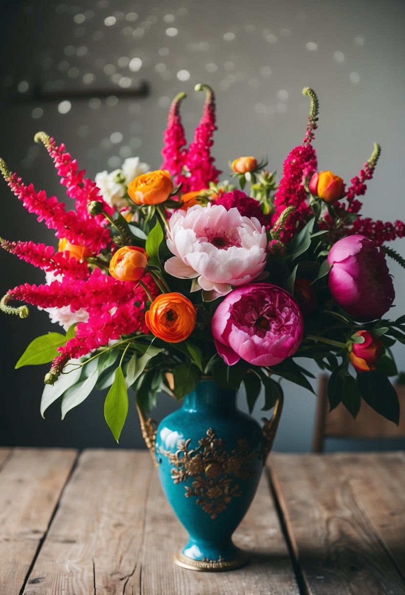 A vibrant bouquet of amaranthus, peonies, and roses arranged in a vintage-inspired vase on a rustic wooden table