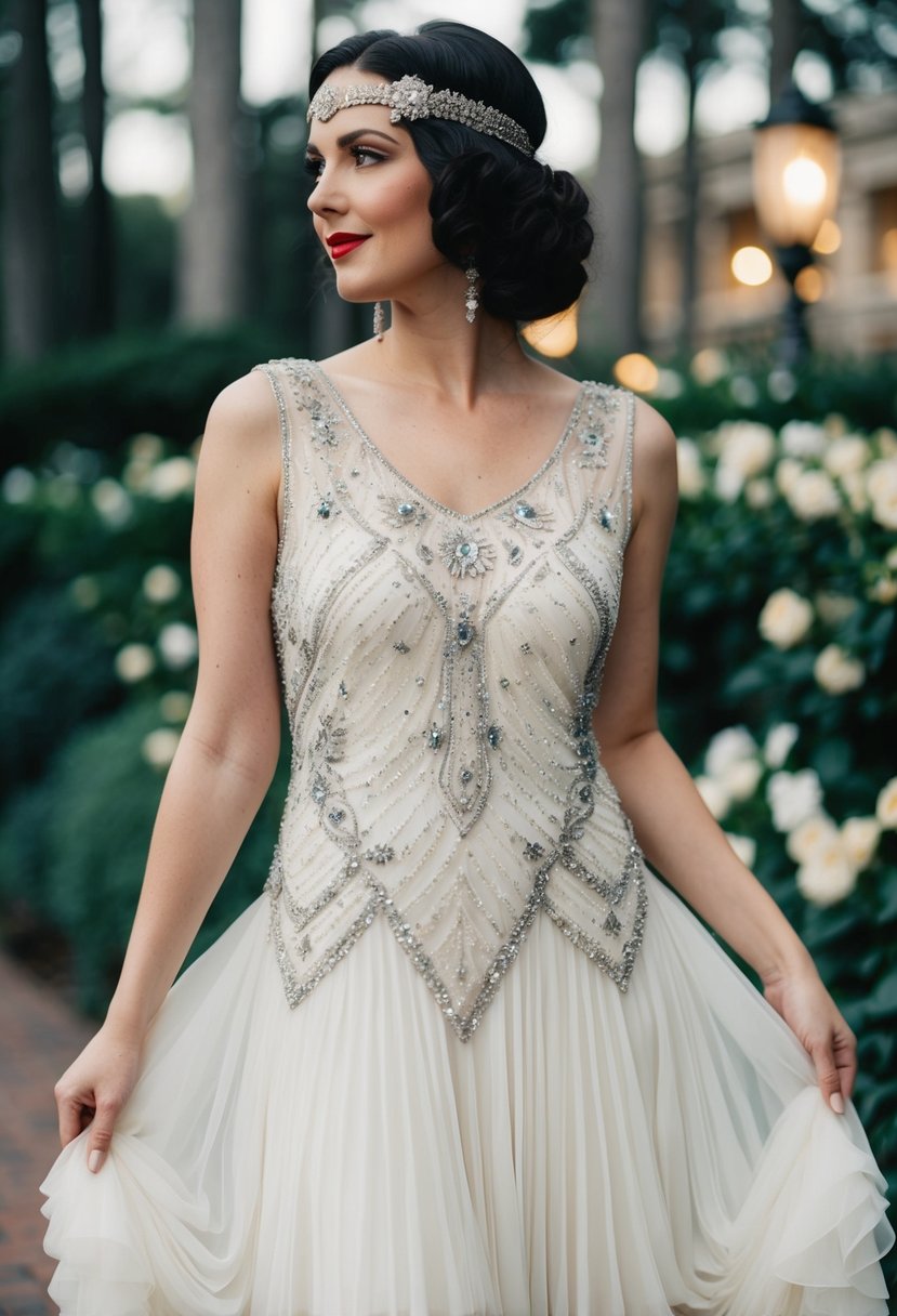 A 1920s flapper-inspired wedding dress adorned with intricate beading and sequins, paired with a voluminous 1960s-style skirt