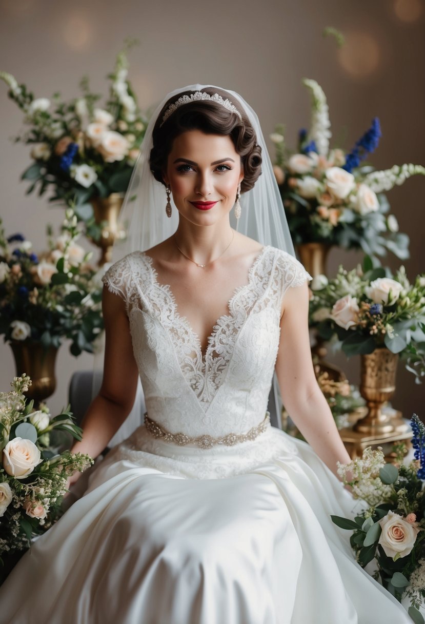 A bride in a 1930s-inspired gown with lace and silk details, surrounded by vintage accessories and floral arrangements