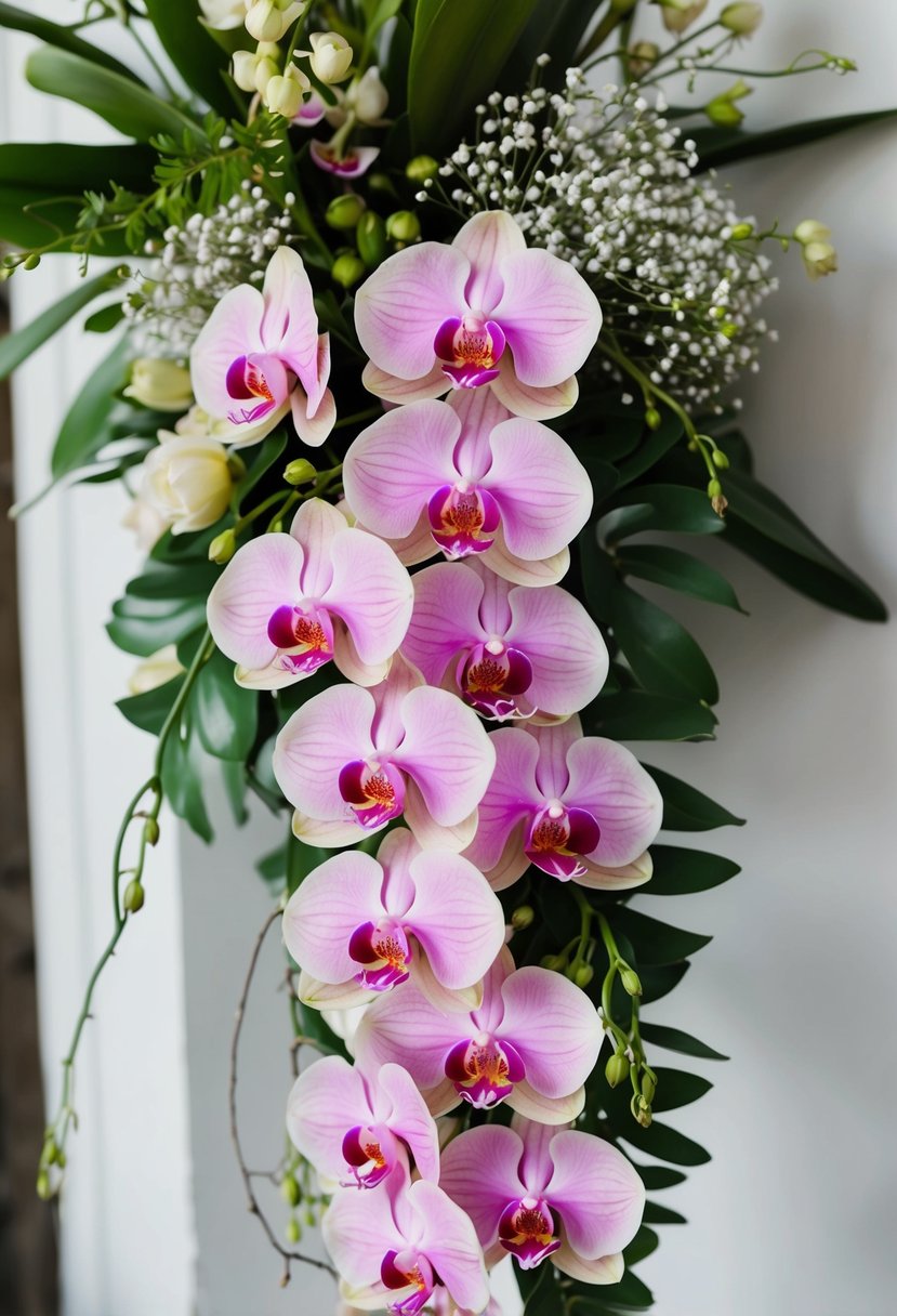 A delicate bouquet of soft pink Cymbidium Orchids arranged in a cascading fashion, with green foliage and white baby's breath interspersed throughout