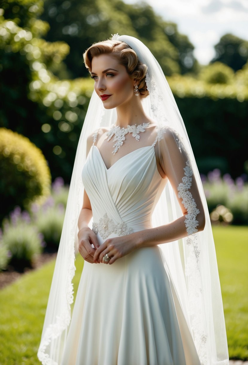 A woman in a 1930s bias-cut silhouette wedding dress with 60s vintage details, standing in a garden with a flowing veil and delicate lace accents