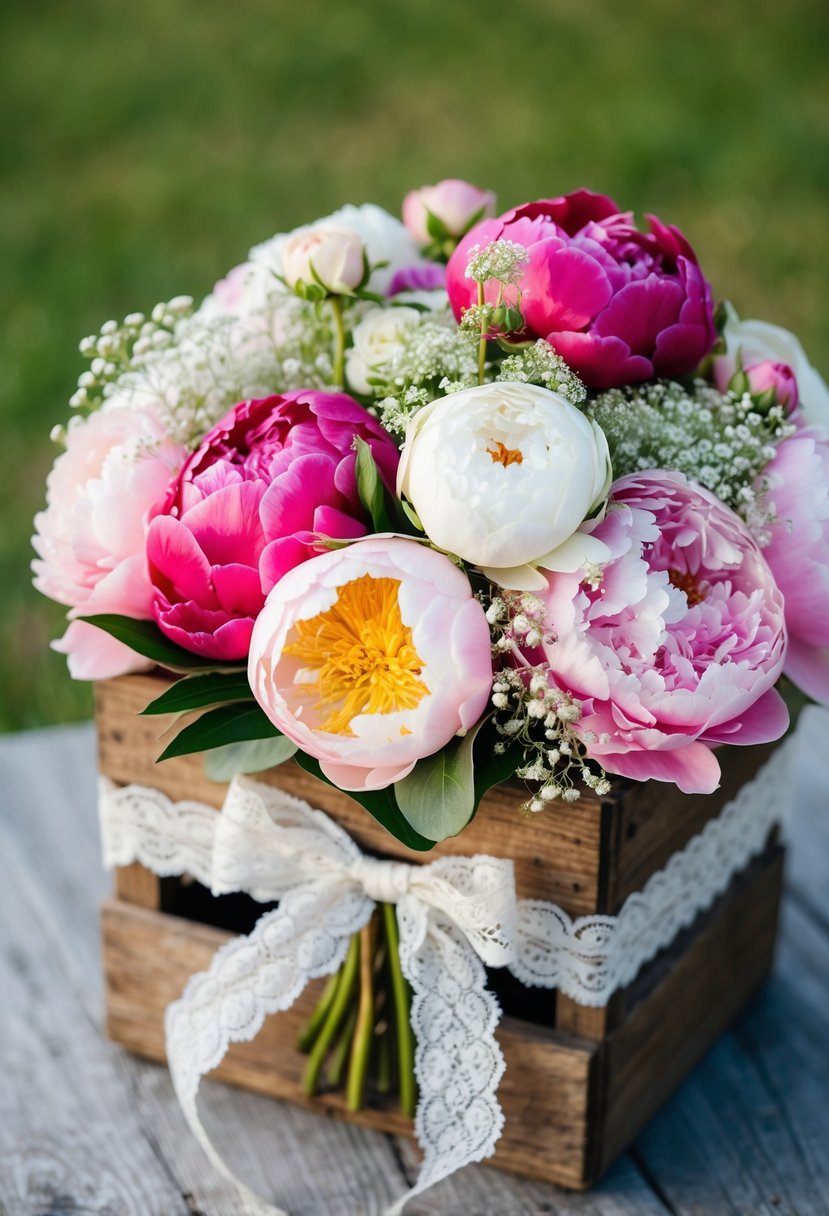 A vibrant bouquet of peonies, roses, and baby's breath arranged in a rustic wooden crate, with a delicate lace ribbon tied around the stems