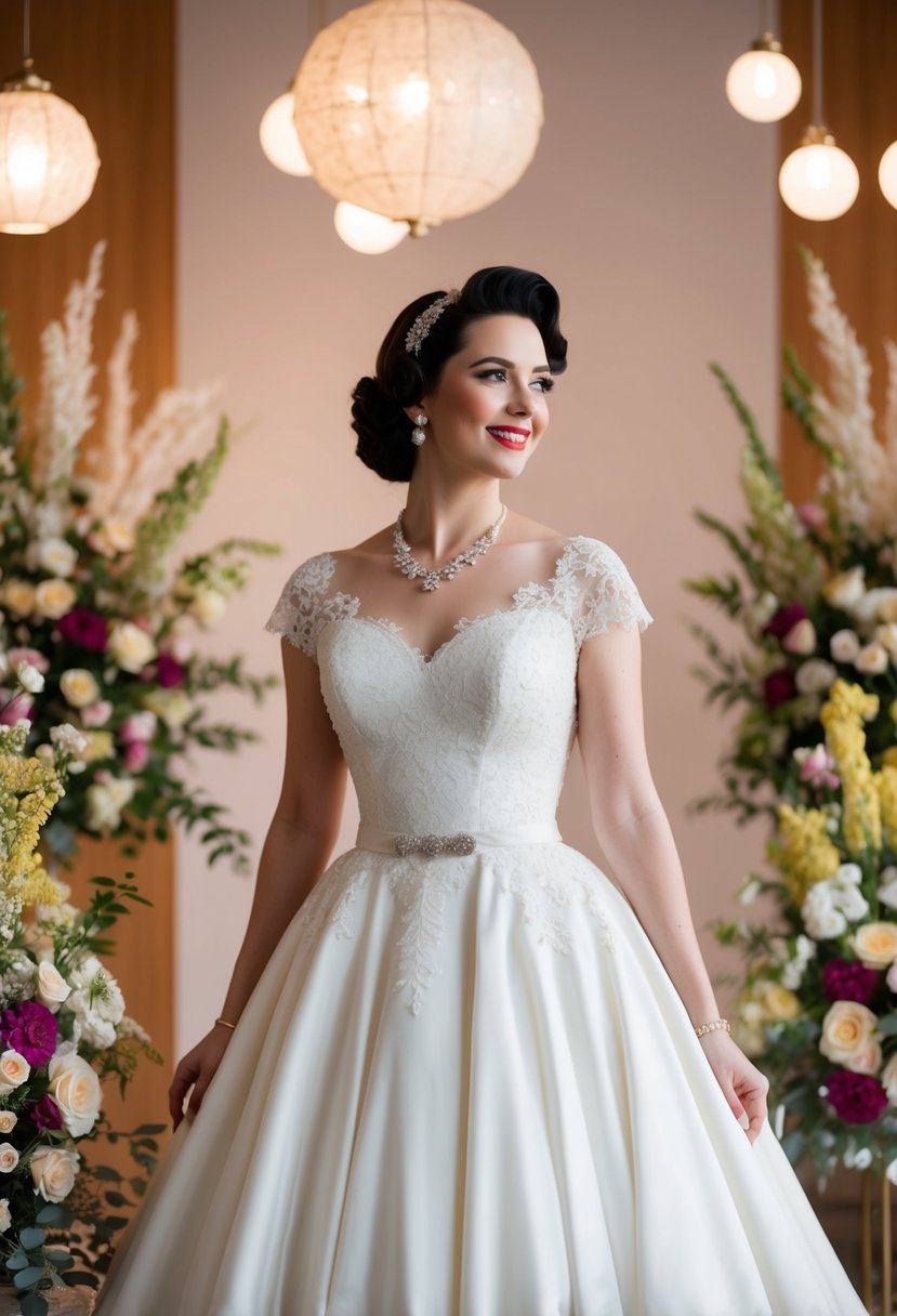 A bride in a 1950s tea length charm wedding dress, surrounded by retro decor and vintage floral arrangements