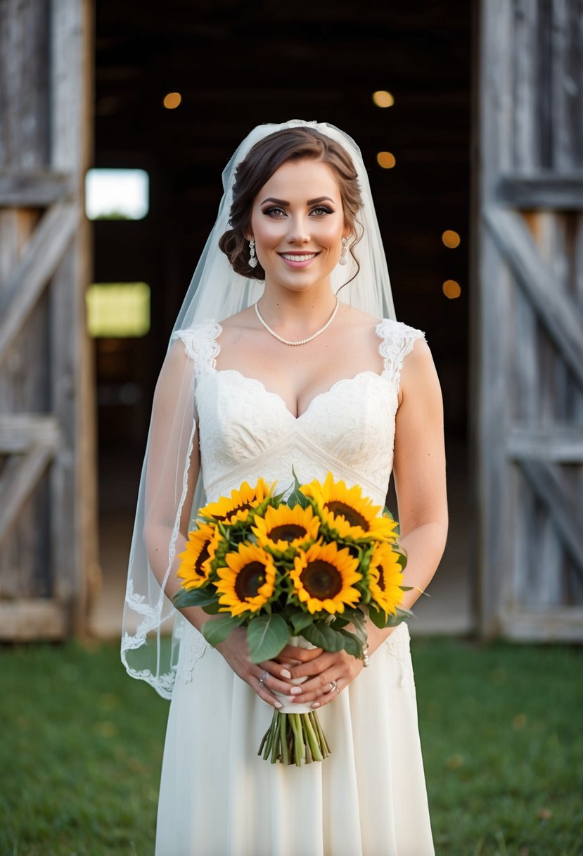 A bride in a 90s vintage wedding dress, with lace details and a sweetheart neckline, holding a bouquet of sunflowers, standing in front of a rustic barn