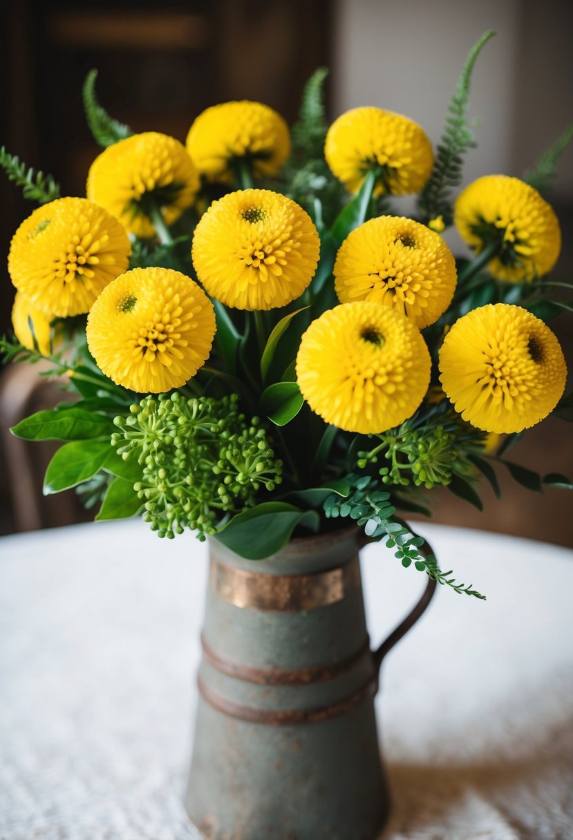 Vibrant yellow Craspedia balls arranged with green foliage in a rustic vase for a June wedding bouquet