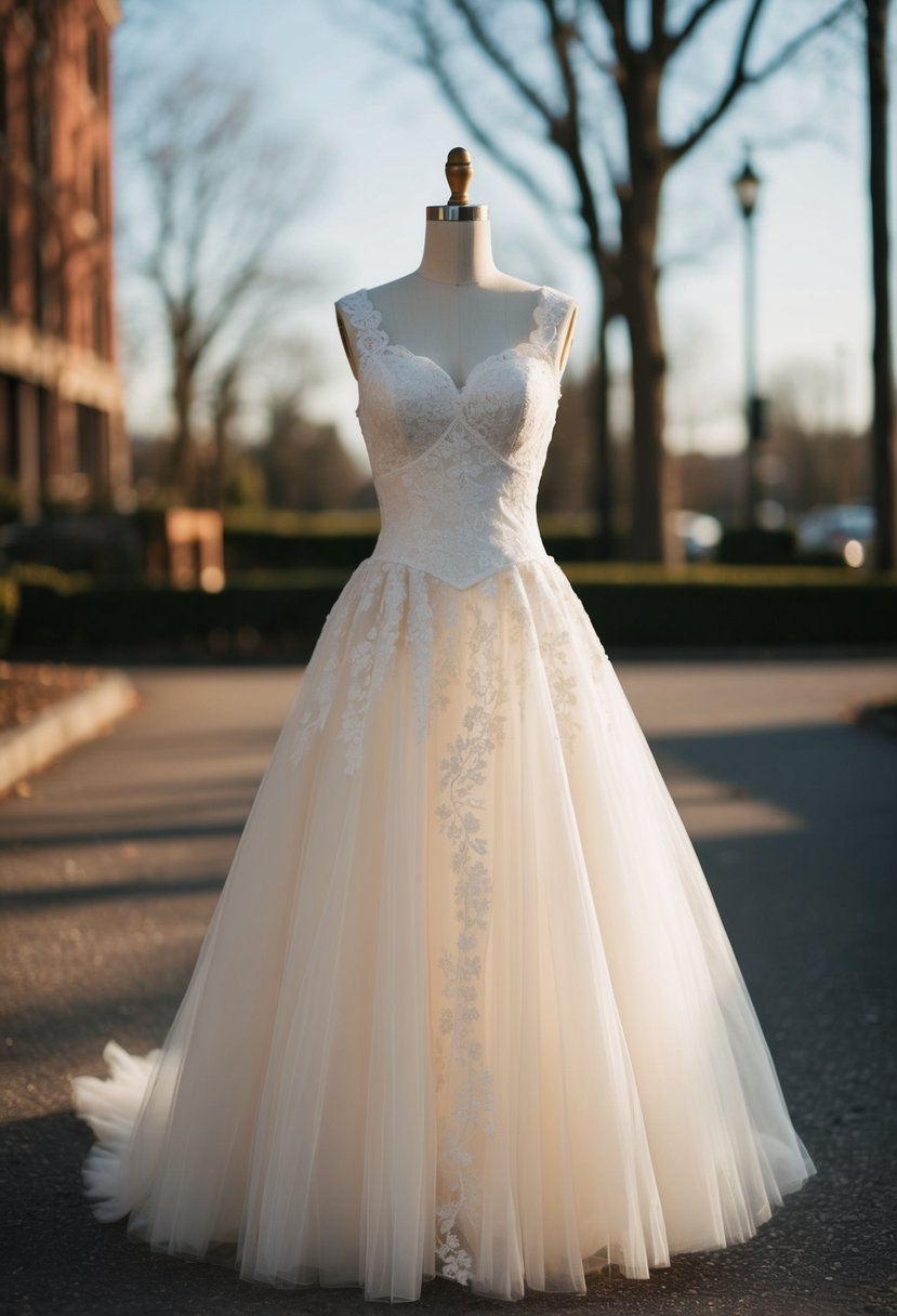 A 90s vintage wedding dress with lace and tulle combinations, featuring a fitted bodice and a full, flowing skirt