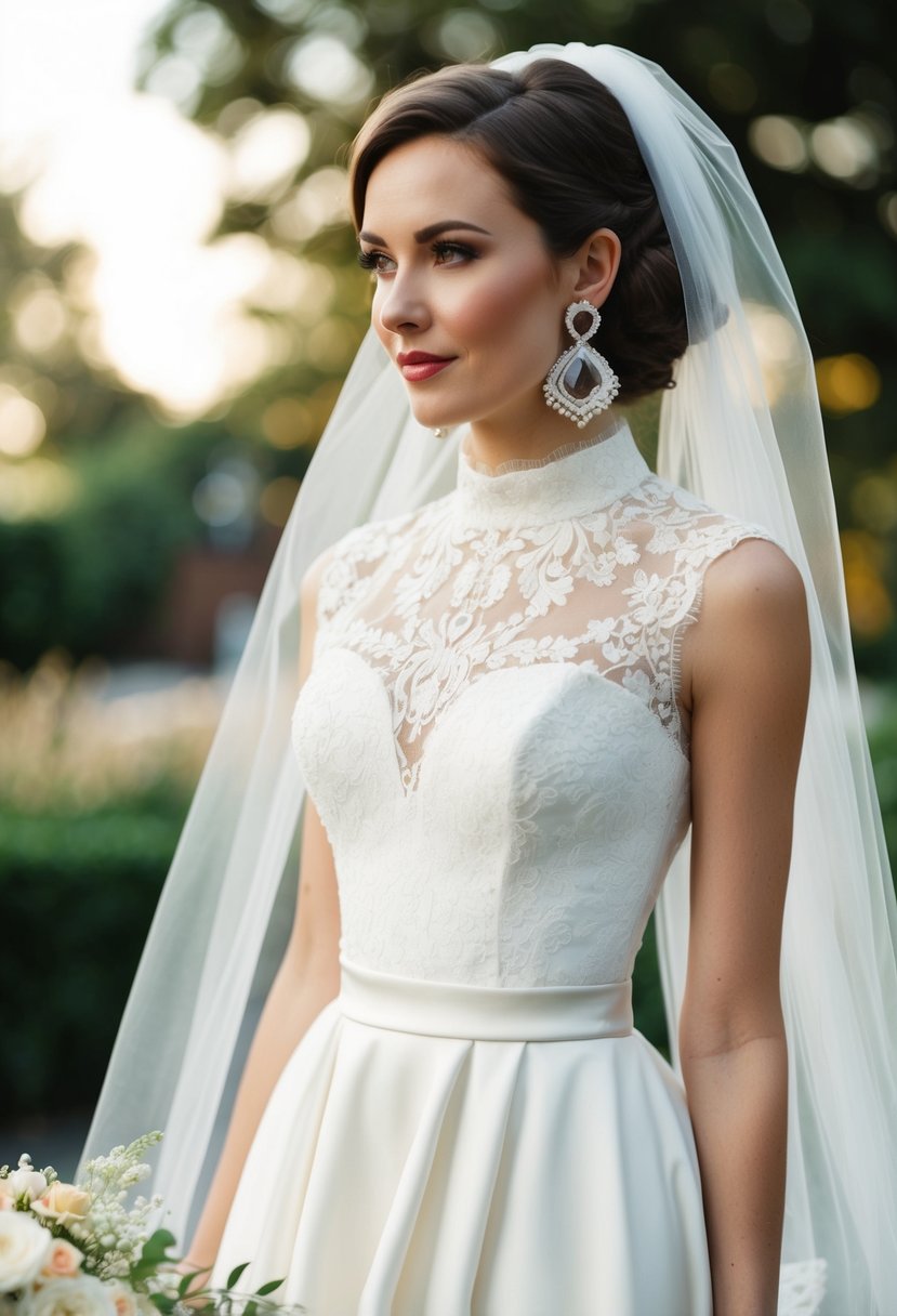 A bride in a 1960s mod-inspired wedding dress with a high neckline, A-line silhouette, and lace detailing, paired with a short veil and bold, statement earrings