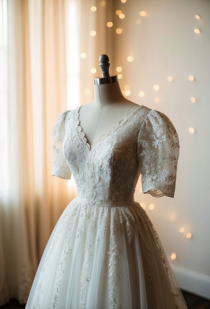 A 1960s vintage wedding dress with delicate lace and puff sleeves, adorned with intricate floral embroidery, set against a backdrop of soft, romantic lighting