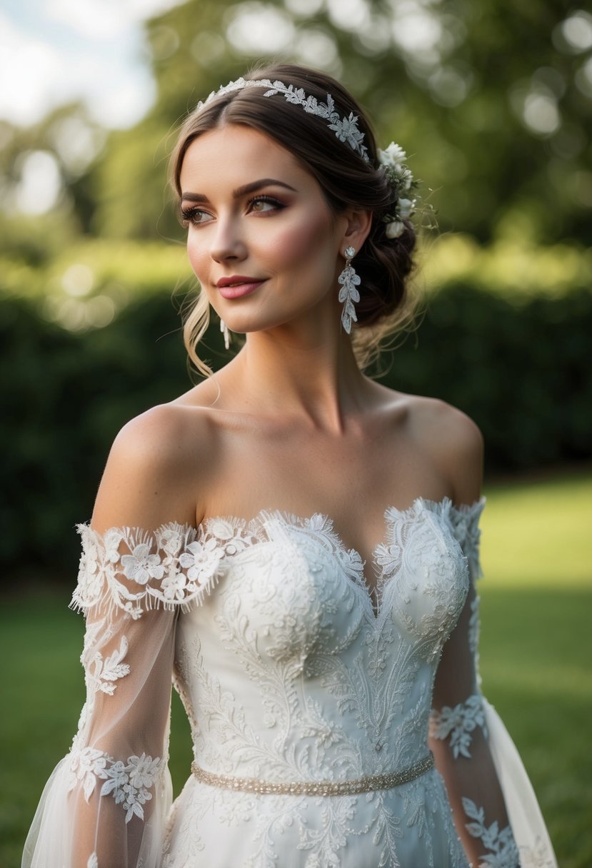 A lace-trimmed, off-the-shoulder wedding dress adorned with floral embroidery and delicate beading