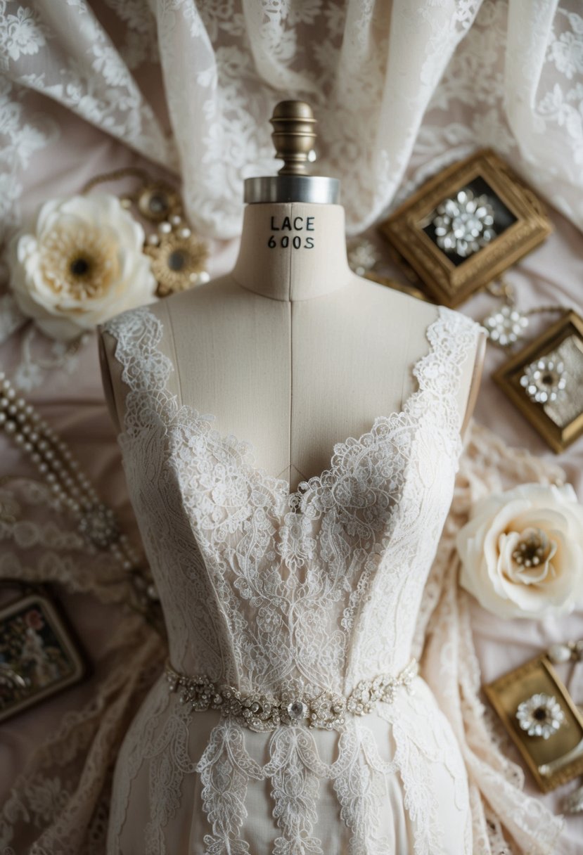 A mannequin adorned in a regal 60s vintage lace wedding dress, surrounded by delicate lace fabric and vintage accessories