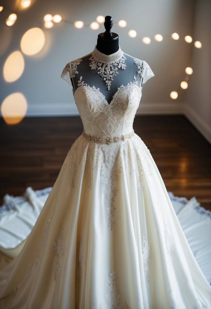 A 1960s vintage wedding dress with an elegant high neck, adorned with delicate lace and intricate beading, flowing gracefully to the floor