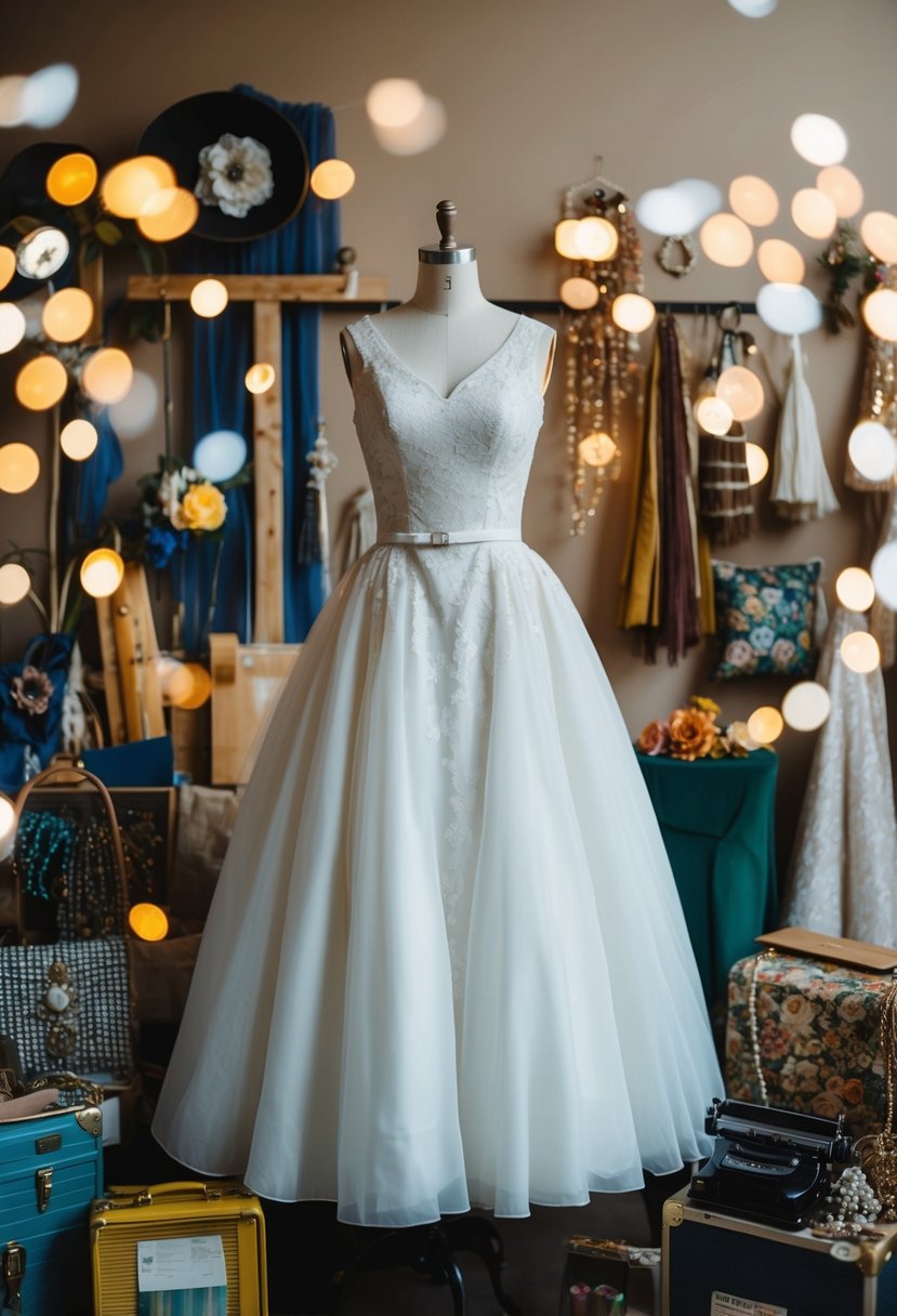 A 1960s vintage wedding dress displayed on a mannequin surrounded by upcycled materials and vintage accessories