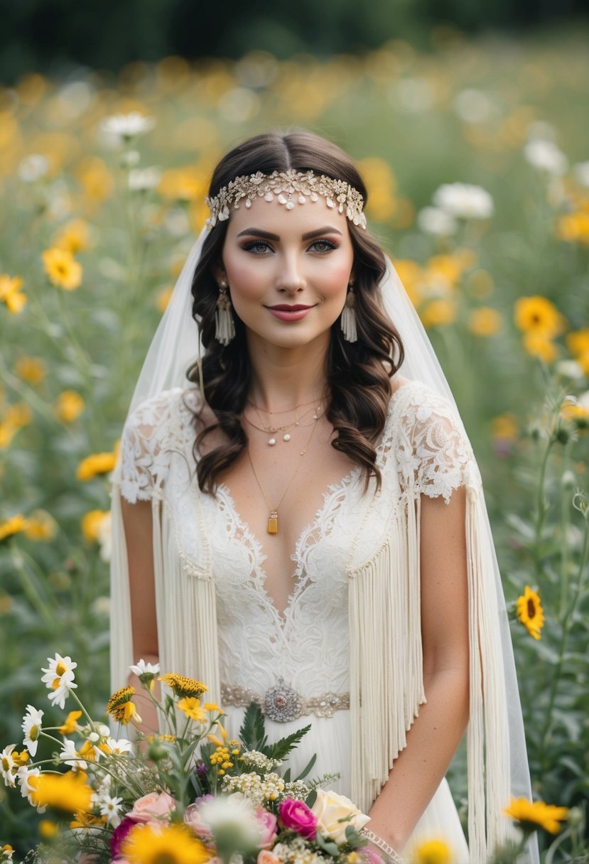 A bride in a bohemian chic 60s vintage wedding dress, surrounded by wildflowers and draped in lace and fringe, with a retro-inspired headpiece