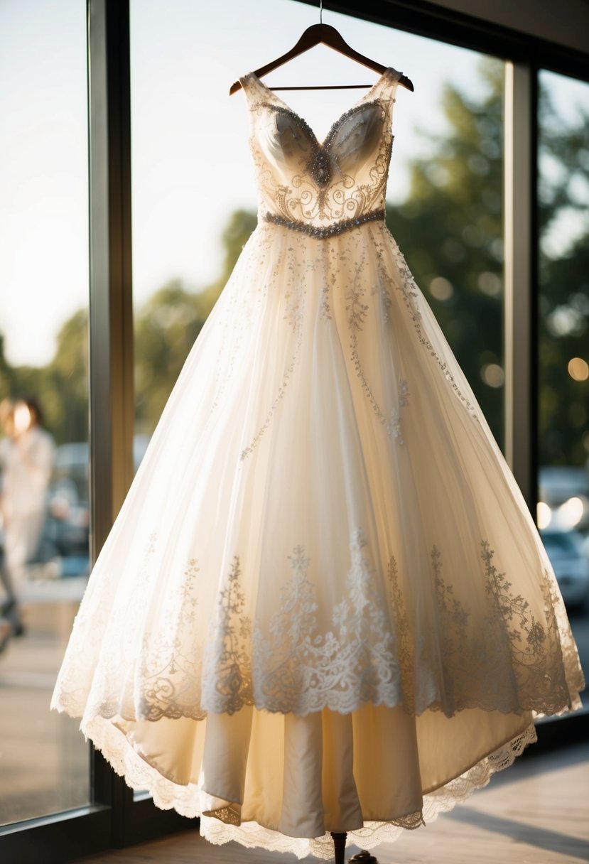 A flowing, ethereal 60s vintage wedding dress hangs on a mannequin, adorned with delicate lace and intricate beading, swaying gently in the soft breeze