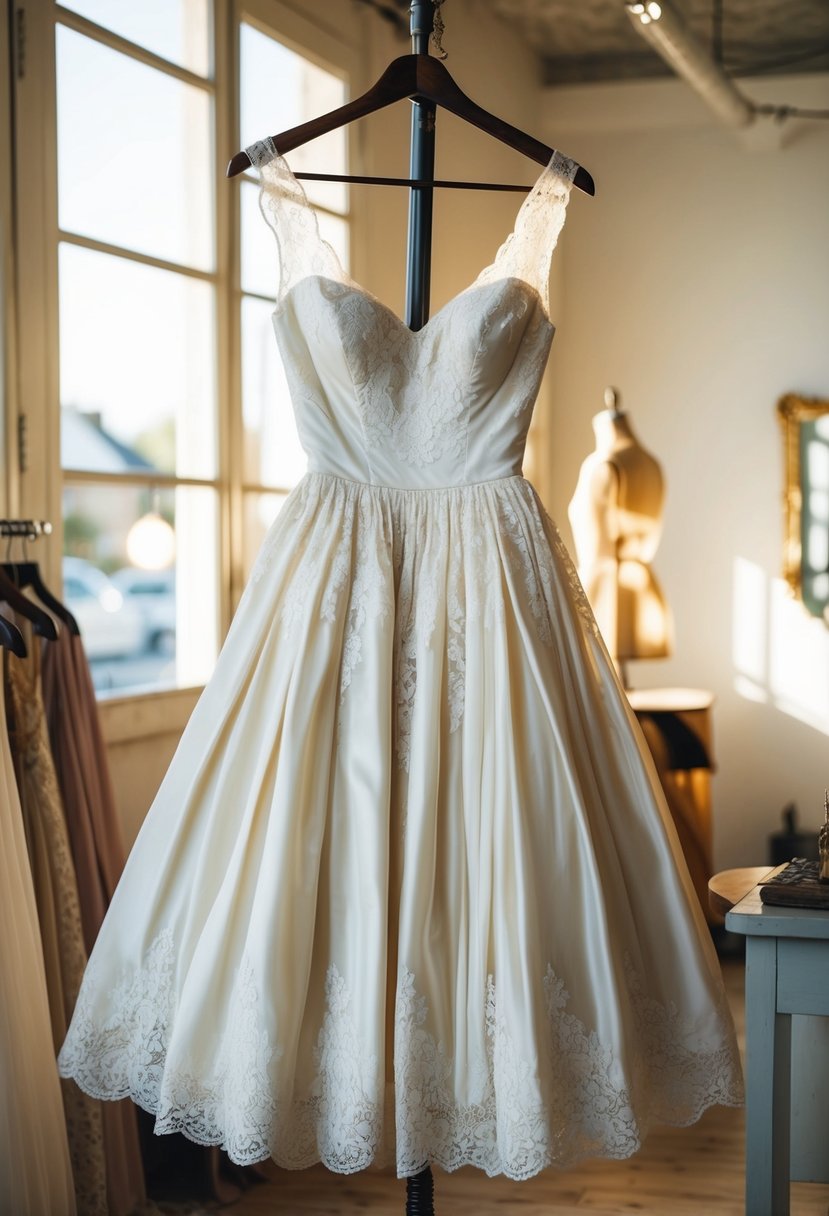 A lace-trimmed, empire-waist gown hangs on a vintage dress form in a sunlit atelier