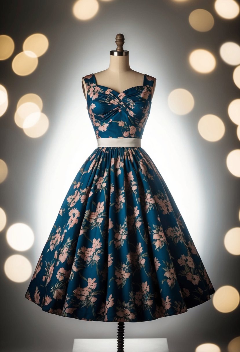 A 1950s full skirt dress with a cinched waist and floral pattern, paired with white gloves and a small clutch