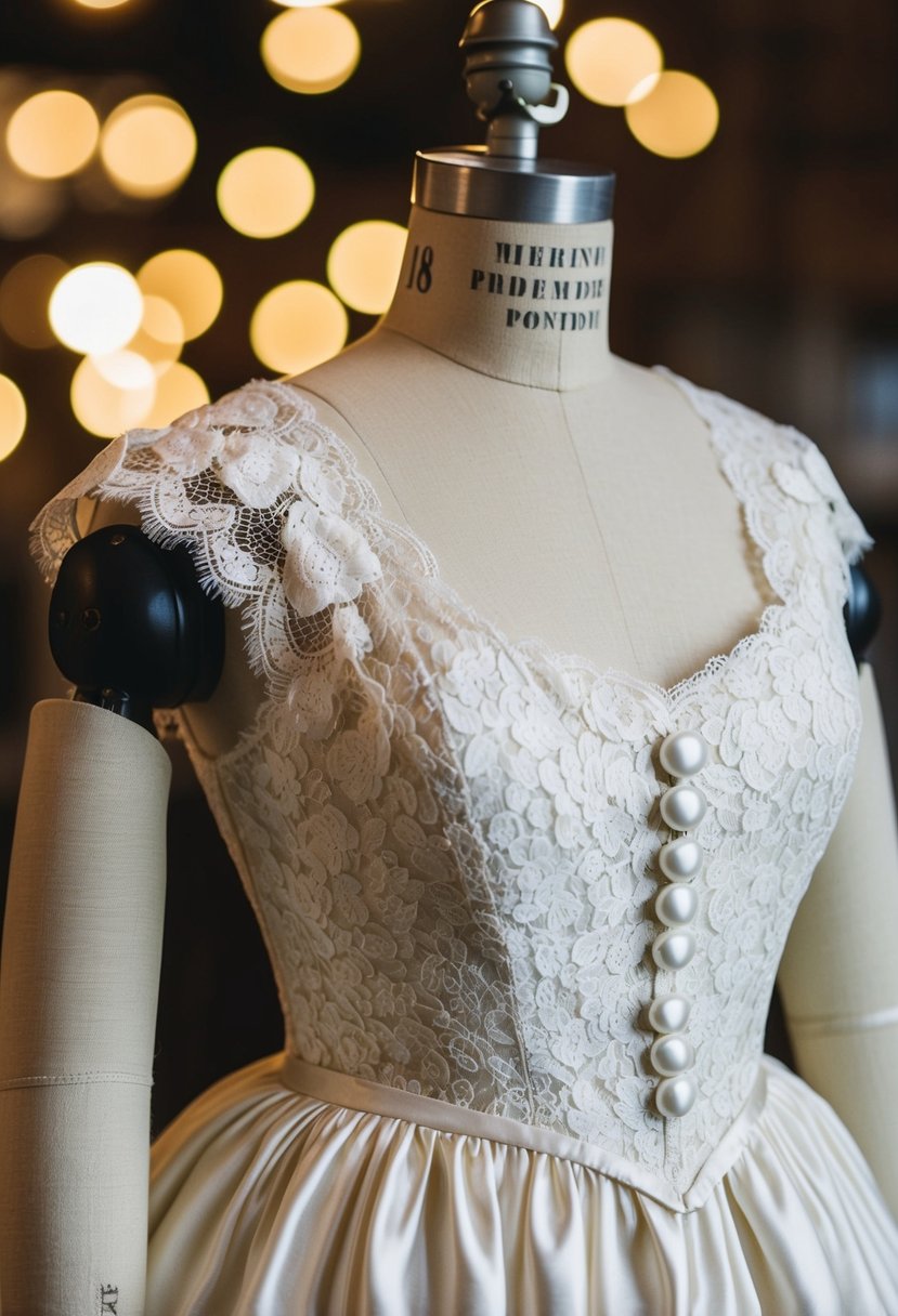 A lace and satin 1800s wedding dress adorns a vintage mannequin