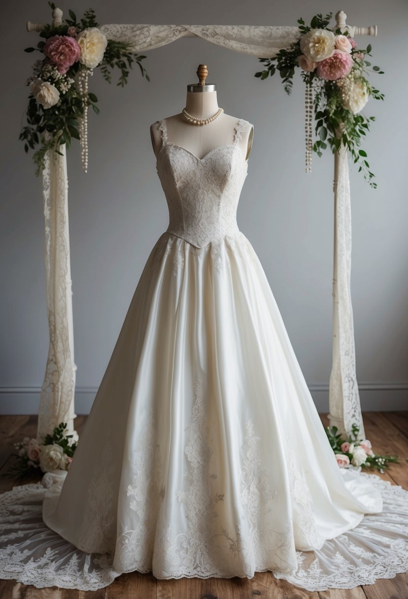 A 60s vintage wedding dress displayed on a mannequin surrounded by antique lace, pearls, and floral accents