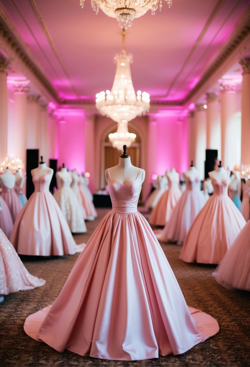 A grand ballroom filled with mannequins adorned in blush-colored ballgowns, illuminated by soft pink lighting