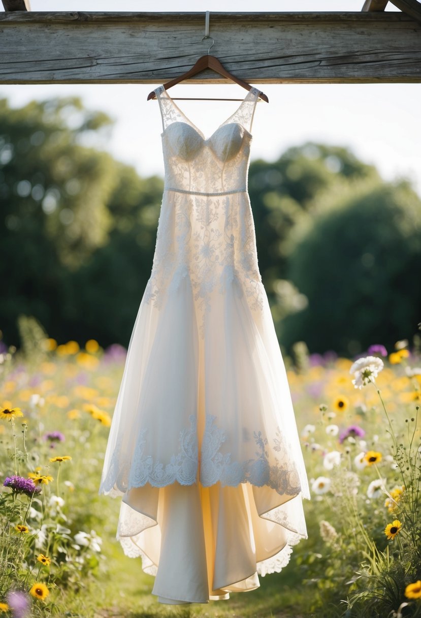 A rustic wedding dress hanging from a weathered wooden beam, surrounded by wildflowers and vintage lace