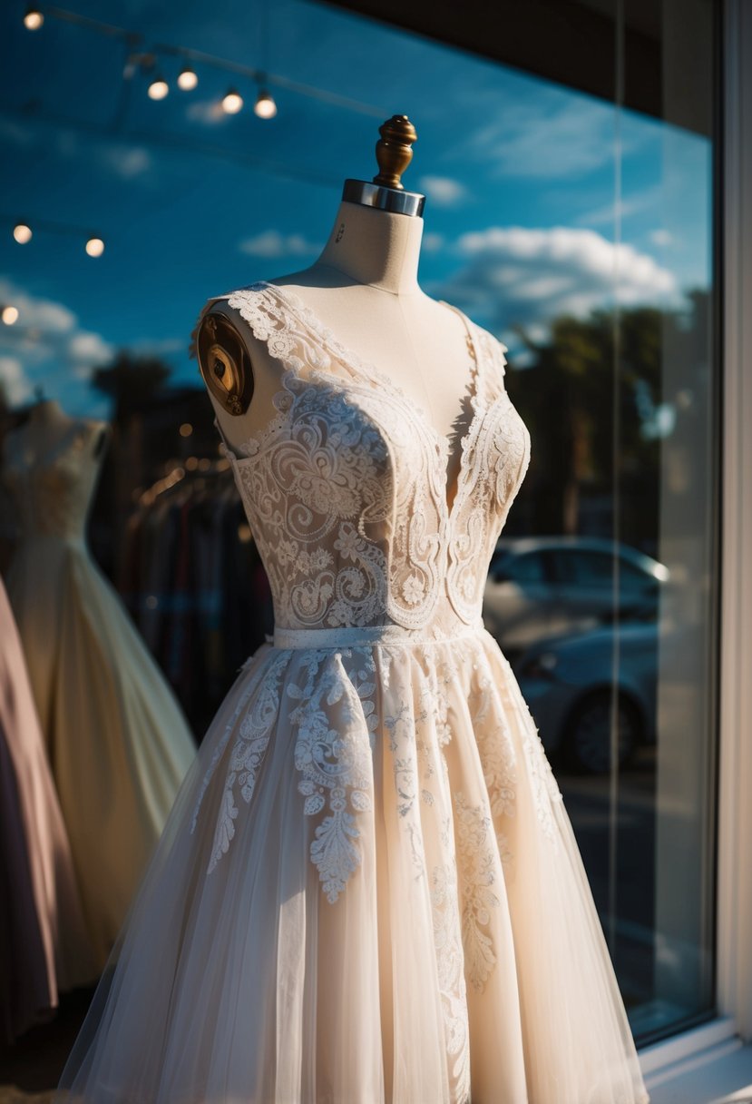 A 60s vintage wedding dress with whimsical lace details displayed on a mannequin in a sunlit boutique window