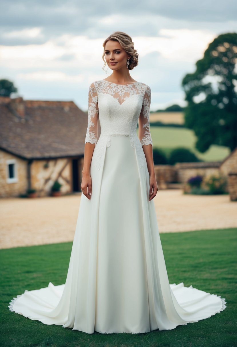 An A-line wedding dress with lace overlay and elegant sleeves, set against a rustic backdrop of a countryside wedding venue