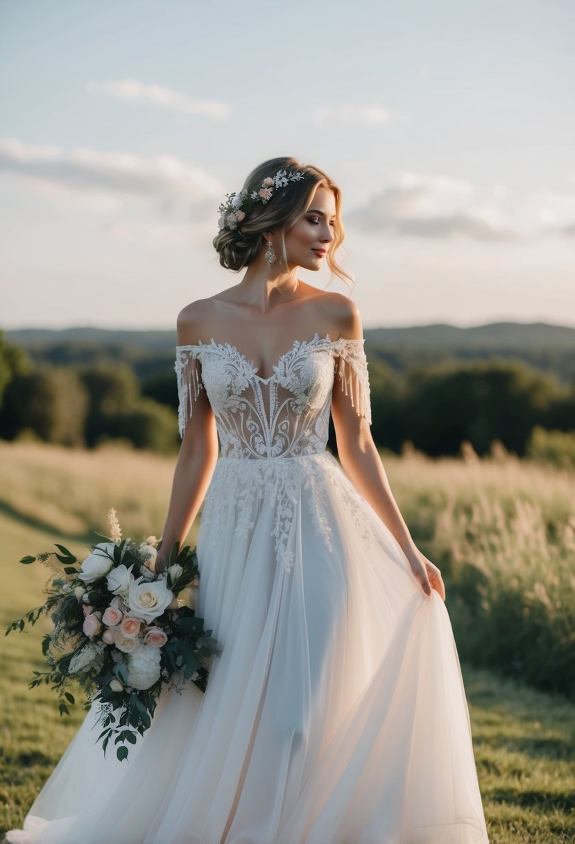 A flowing, off-the-shoulder wedding dress adorned with intricate boho-inspired floral details