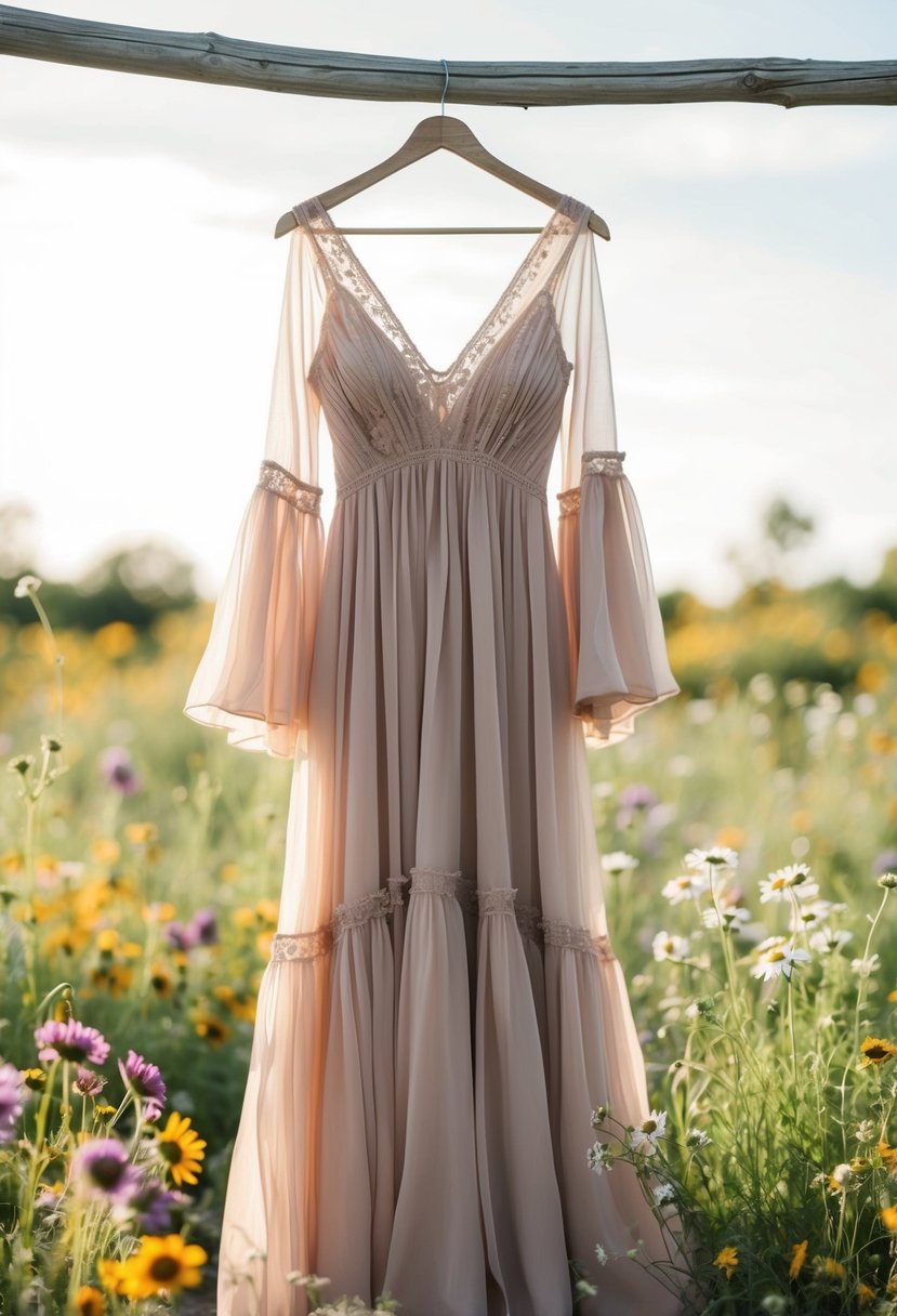 A flowy bohemian gown with chiffon ruffles hangs on a rustic wooden hanger, surrounded by wildflowers and vintage lace