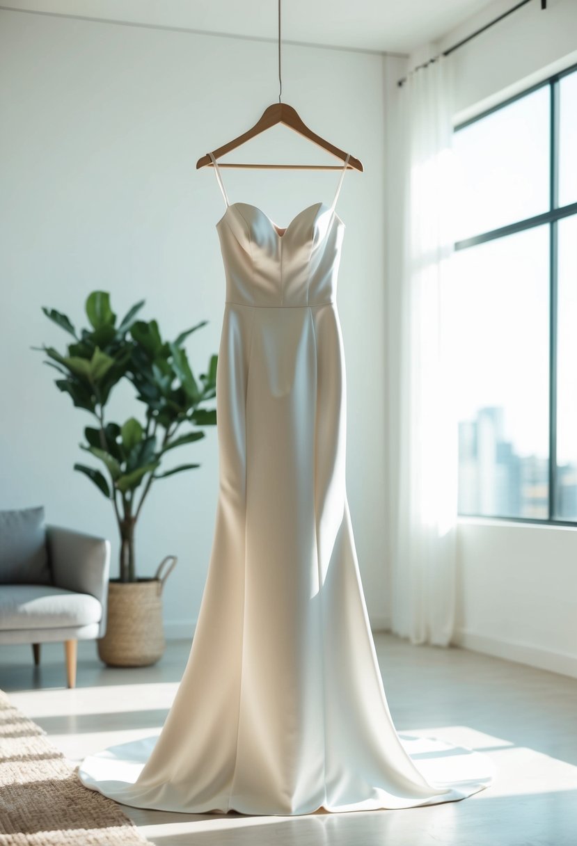 A sleek satin sheath wedding dress hangs on a minimalist wooden hanger in a sunlit room with clean, modern decor