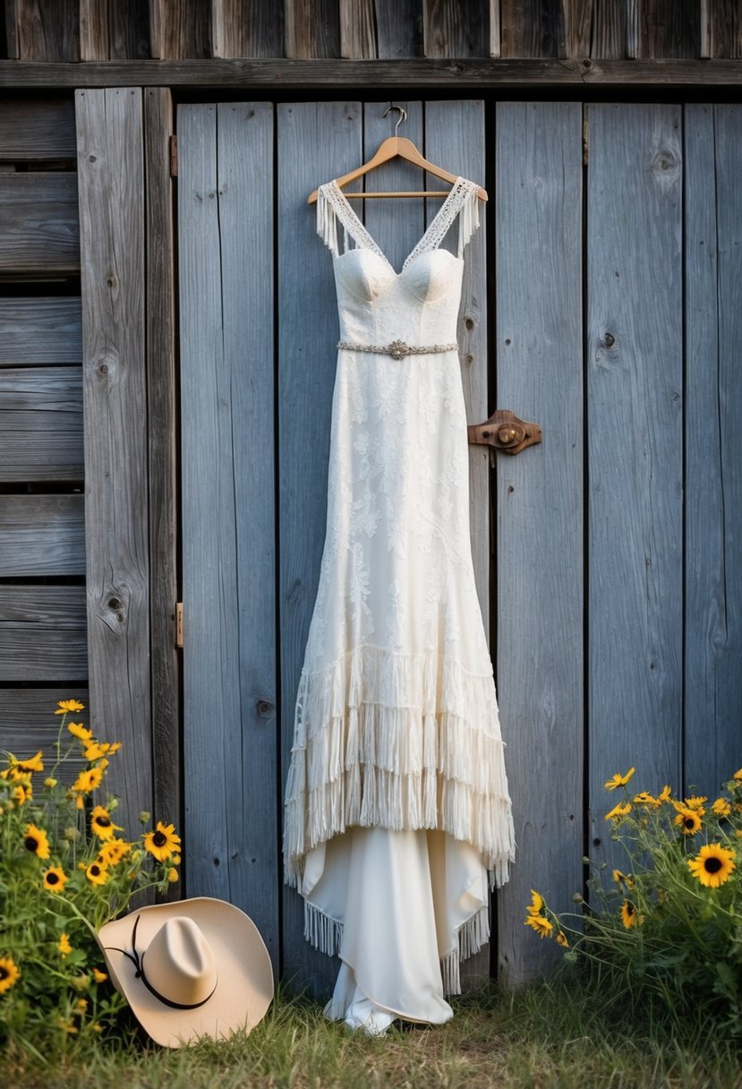 A rustic wedding dress with western-inspired fringe details hangs on a weathered wooden barn door. Wildflowers and a cowboy hat sit nearby