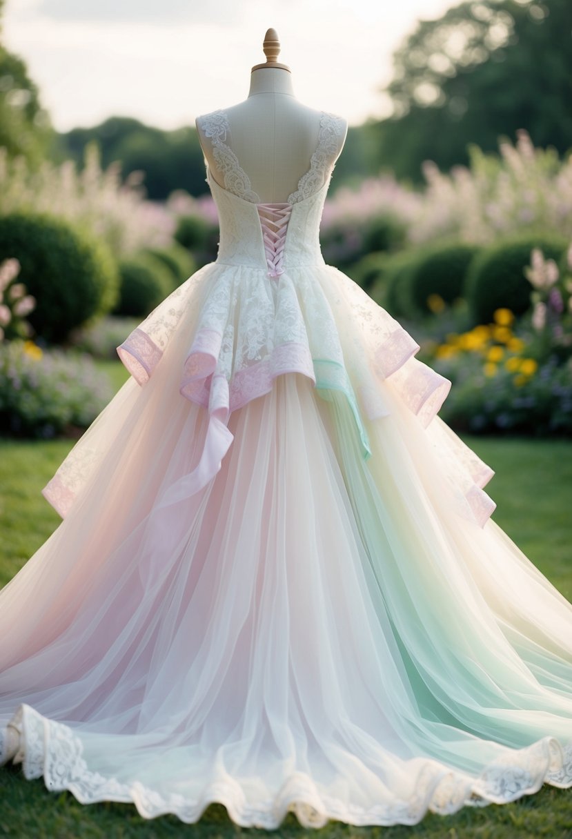 Soft tulle wedding dress with pastel hues, delicate lace, and flowing layers, set against a dreamy garden backdrop