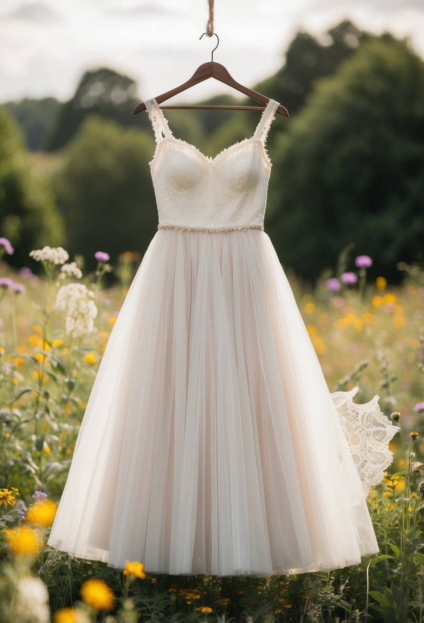 A tea-length dress with tulle overlay hangs on a rustic wooden hanger, surrounded by wildflowers and vintage lace