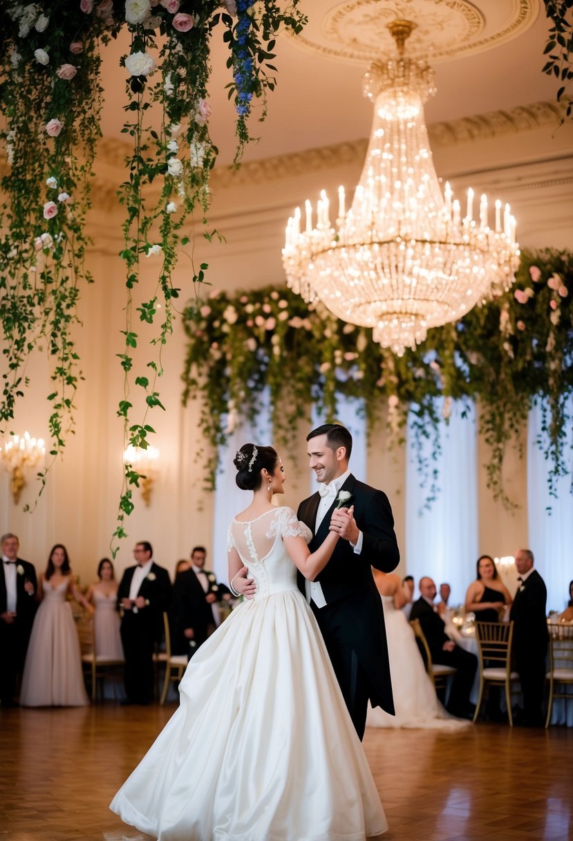 A grand ballroom with a chandelier-lit ceiling, adorned with cascading flowers and vines, where a bride in a fairytale illusion neckline 1800s wedding dress dances with her groom