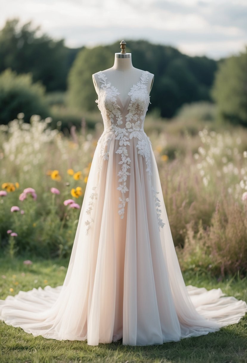 A flowing gown adorned with delicate floral lace appliqué, set against a backdrop of a serene, natural setting with wildflowers and rustic elements